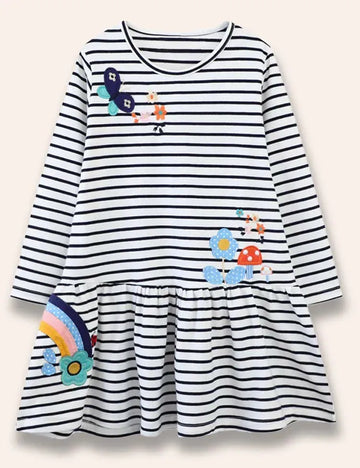 Butterfly Flower Appliqué Striped Dress